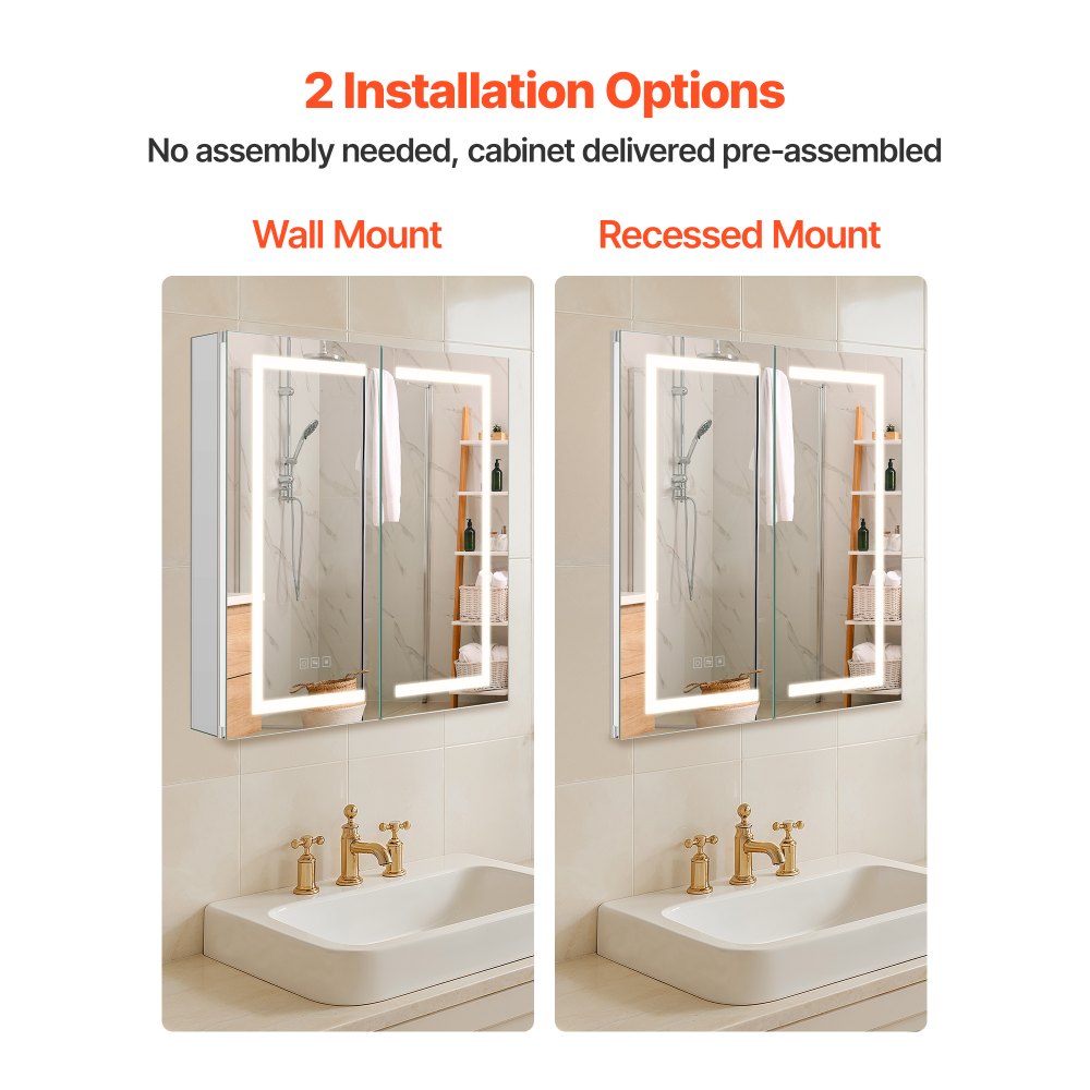 VEVOR Lighted Medicine Cabinet with Mirror, 65 x 65 cm Recessed or Wall Mount, 3 Color Dimmable LED Bathroom Medicine Cabinet with HD Mirror, Adjustable Shelve Storage, Memory Defog Function