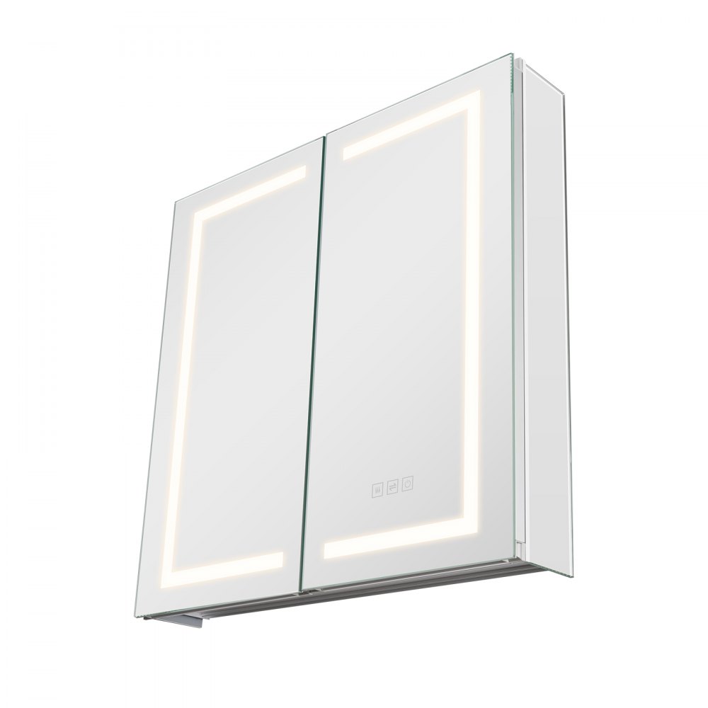 VEVOR Lighted Medicine Cabinet with Mirror, 65 x 65 cm Recessed or Wall Mount, 3 Color Dimmable LED Bathroom Medicine Cabinet with HD Mirror, Adjustable Shelve Storage, Memory Defog Function