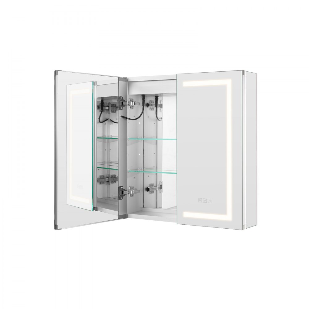 VEVOR Lighted Medicine Cabinet with Mirror, 65 x 65 cm Recessed or Wall Mount, 3 Color Dimmable LED Bathroom Medicine Cabinet with HD Mirror, Adjustable Shelve Storage, Memory Defog Function