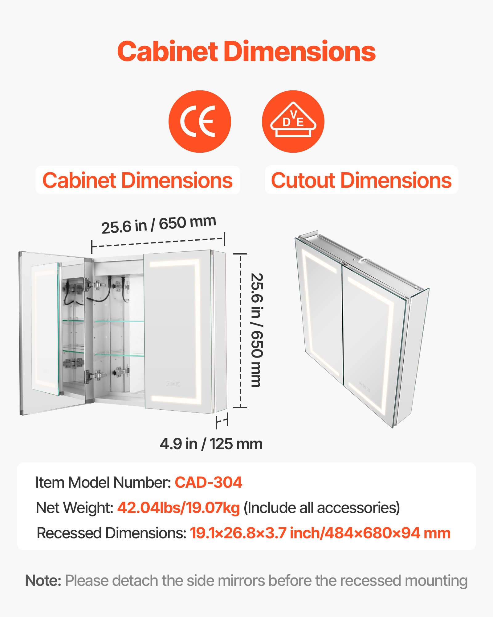 VEVOR Lighted Medicine Cabinet with Mirror, 65 x 65 cm Recessed or Wall Mount, 3 Color Dimmable LED Bathroom Medicine Cabinet with HD Mirror, Adjustable Shelve Storage, Memory Defog Function