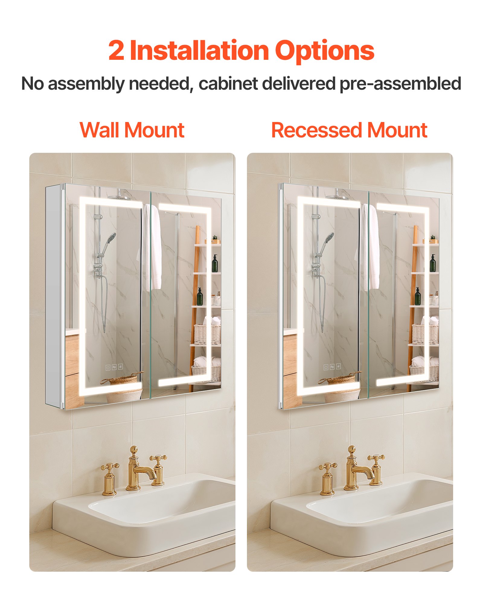 VEVOR Lighted Medicine Cabinet with Mirror, 65 x 65 cm Recessed or Wall Mount, 3 Color Dimmable LED Bathroom Medicine Cabinet with HD Mirror, Adjustable Shelve Storage, Memory Defog Function