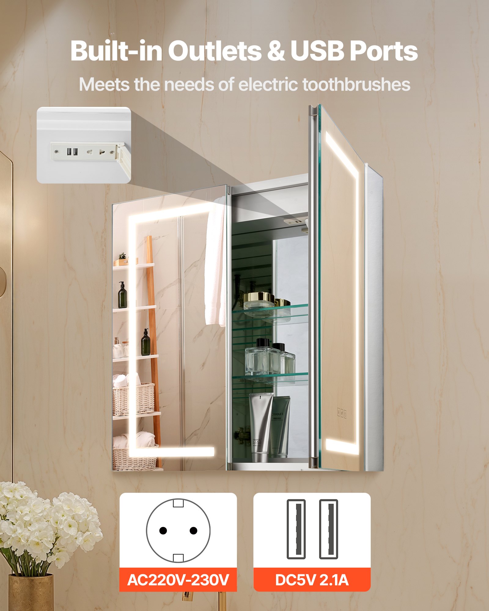 VEVOR Lighted Medicine Cabinet with Mirror, 65 x 65 cm Recessed or Wall Mount, 3 Color Dimmable LED Bathroom Medicine Cabinet with HD Mirror, Adjustable Shelve Storage, Memory Defog Function
