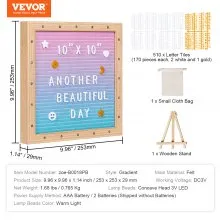 VEVOR Gradient Felt Letter Board, 10"x10" Felt Message Board, Changeable Sign Boards with 510 Letters, Stand, and Built-in LED Lights, Baby Announcement Sign for Home Classroom Office Decor Wedding