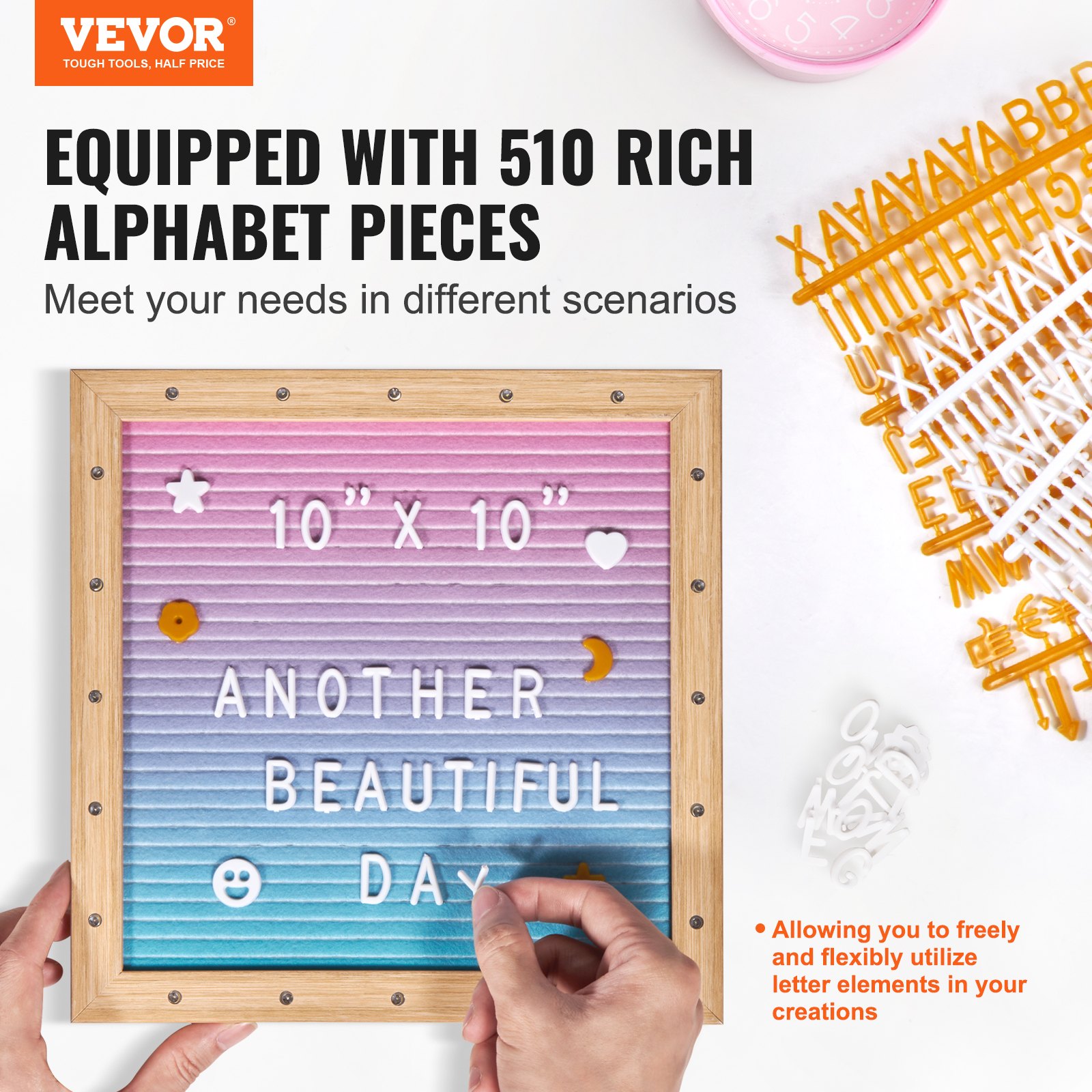 VEVOR Gradient Felt Letter Board, 253x253 mm Felt Message Board, Changeable Sign Boards with 510 Letters, Stand, and Built-in LED Lights, Baby Announcement Sign for Home Classroom Office Decor Wedding