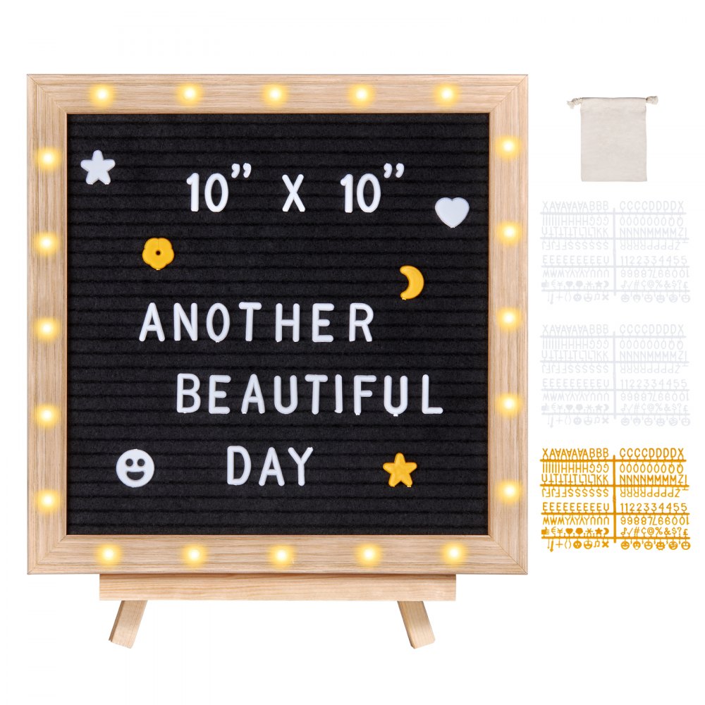 VEVOR Black Felt Letter Board 10x10 Felt Message Board Changeable Sign Boards with 510 Letters Stand and Built-In LED Lights Baby Announcement