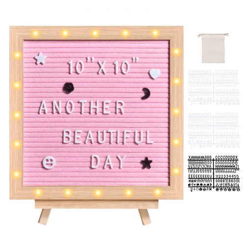 VEVOR Pink Felt Letter Board, 253x253 mm Felt Message Board, Changeable Sign Boards with 510 Letters, Stand, and Built-in LED Lights, Baby Announcement Sign for Home Classroom Office Decor Wedding
