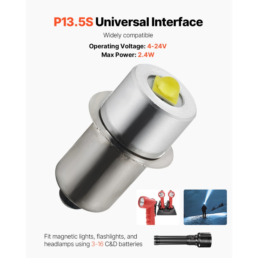 VEVOR LED Flashlight Bulbs, P13.5S 4-12 Volt, 230LM Flashlight Conversion Replacement Kit, Longer Life and Brighter White Maglight LED Bulbs for 3-16 Cell C/D Flashlights, Headlights,Lamp, Torch