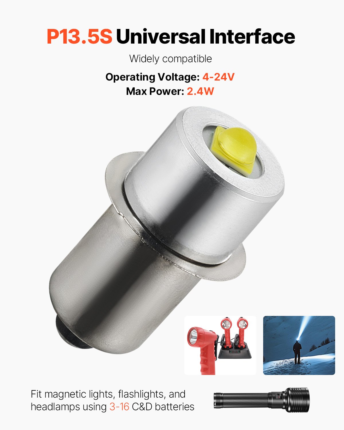 VEVOR LED Flashlight Bulbs, P13.5S 4-12 Volt, 230LM Flashlight Conversion Replacement Kit, Longer Life and Brighter White Maglight LED Bulbs for 3-16 Cell C/D Flashlights, Headlights,Lamp, Torch