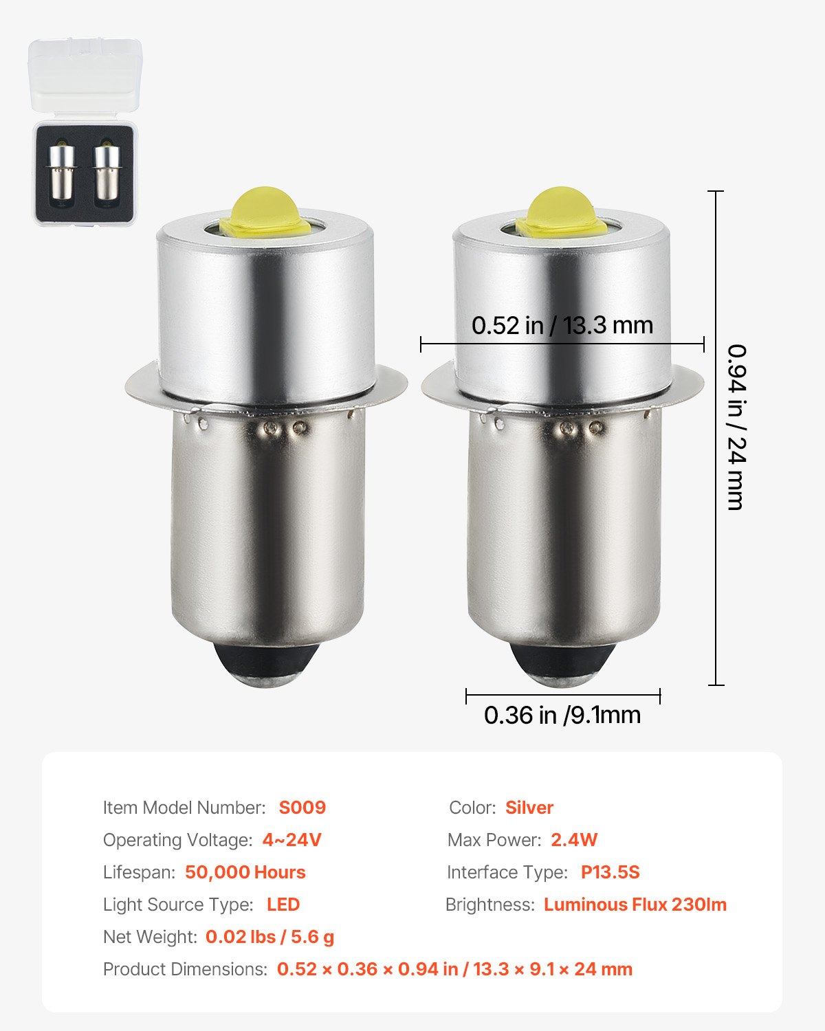 VEVOR LED Flashlight Bulbs, P13.5S 4-12 Volt, 230LM Flashlight Conversion Replacement Kit, Longer Life and Brighter White Maglight LED Bulbs for 3-16 Cell C/D Flashlights, Headlights,Lamp, Torch