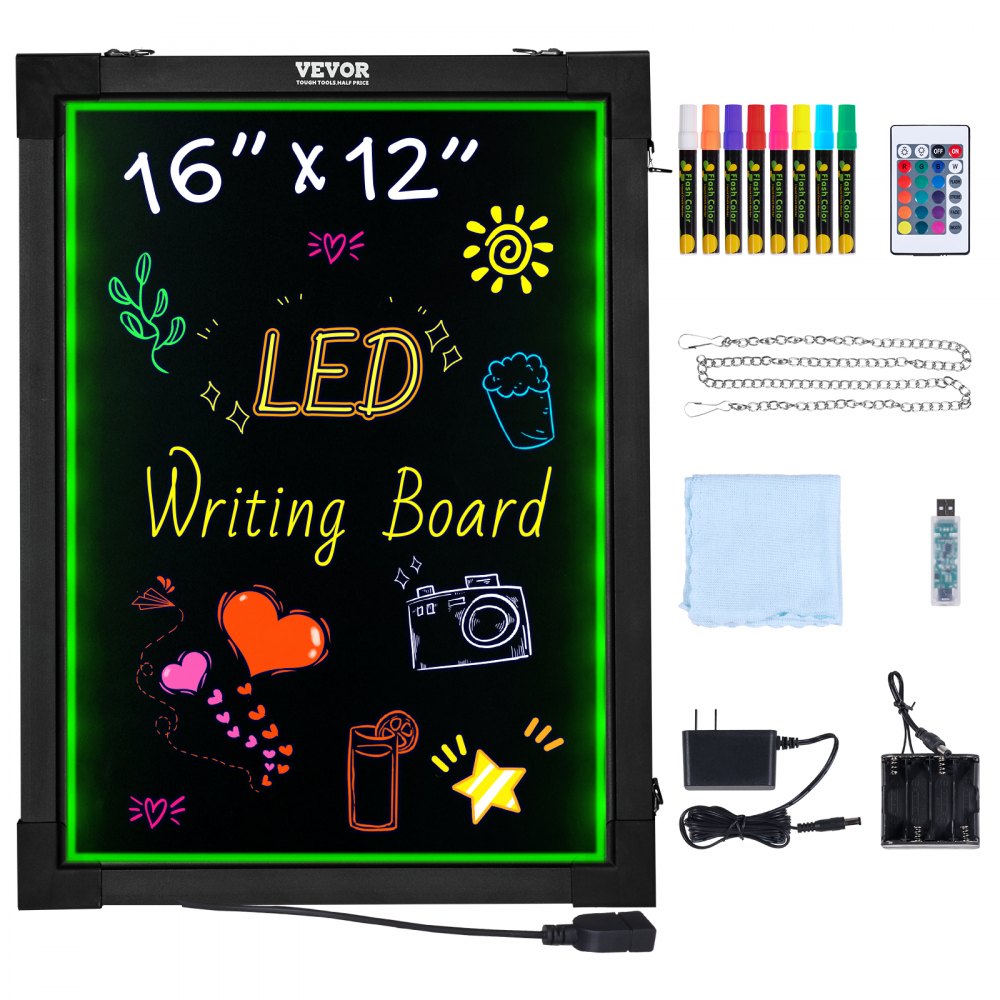 VEVOR LED Message Writing Board, 16 inchx12 inch Illuminated Erasable Lighted Chalkboard, Neon Effect Menu Sign Board, Drawing Board with 8