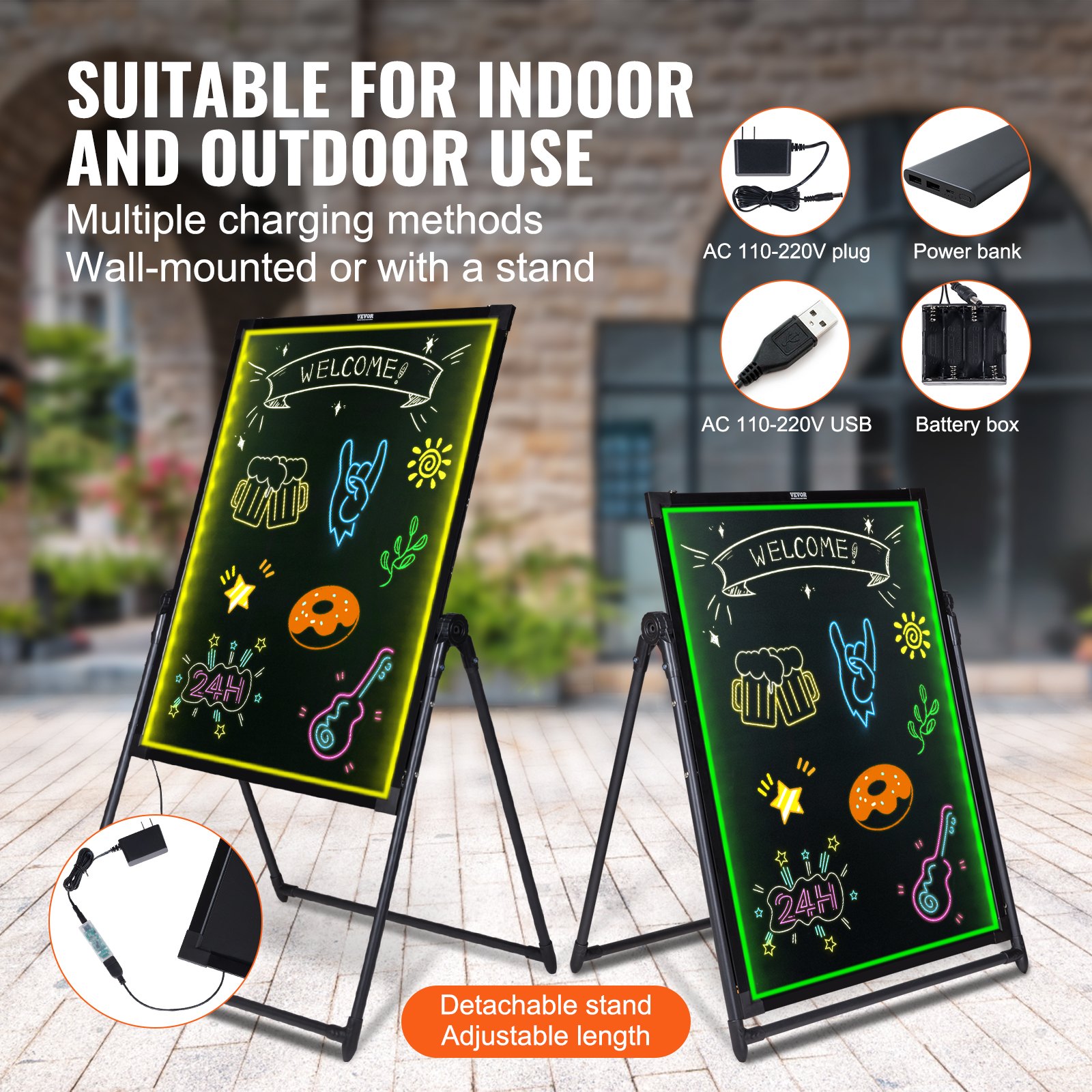 VEVOR LED Message Writing Board 81.3x61 cm Illuminated Erasable Lighted Chalkboard