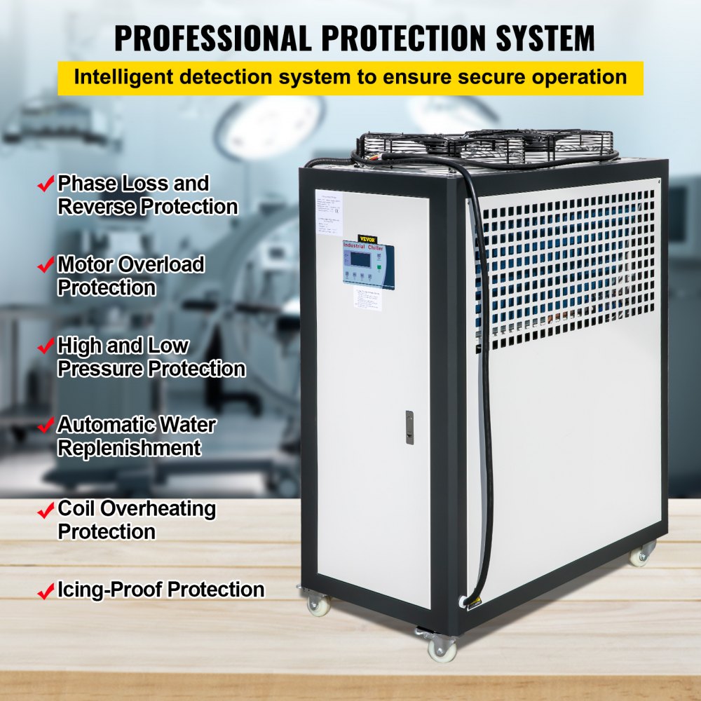 VEVOR Air Cooled Water Chiller 5 Ton Portable, 5Hp 53L Tank Industrial Chiller, Finned Condenser w/Micro-Computer Control, 15KW Cooling Capacity Stainless Steel Tank Chiller Machine for Cooling Water
