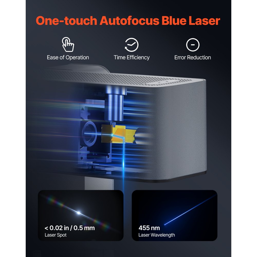 Přenosný laserový rytec VEVOR 600 mm/s 5W vysokorychlostní ruční gravírovací stroj 3,14'' X 3,14'' gravírovací plocha kompatibilní se systémem Android, Ios a Windows pro kov Single Blue Laser Wood Kožené šperky z akrylových vláken