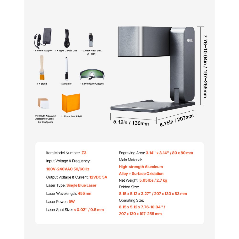 Přenosný laserový rytec VEVOR 600 mm/s 5W vysokorychlostní ruční gravírovací stroj 3,14'' X 3,14'' gravírovací plocha kompatibilní se systémem Android, Ios a Windows pro kov Single Blue Laser Wood Kožené šperky z akrylových vláken