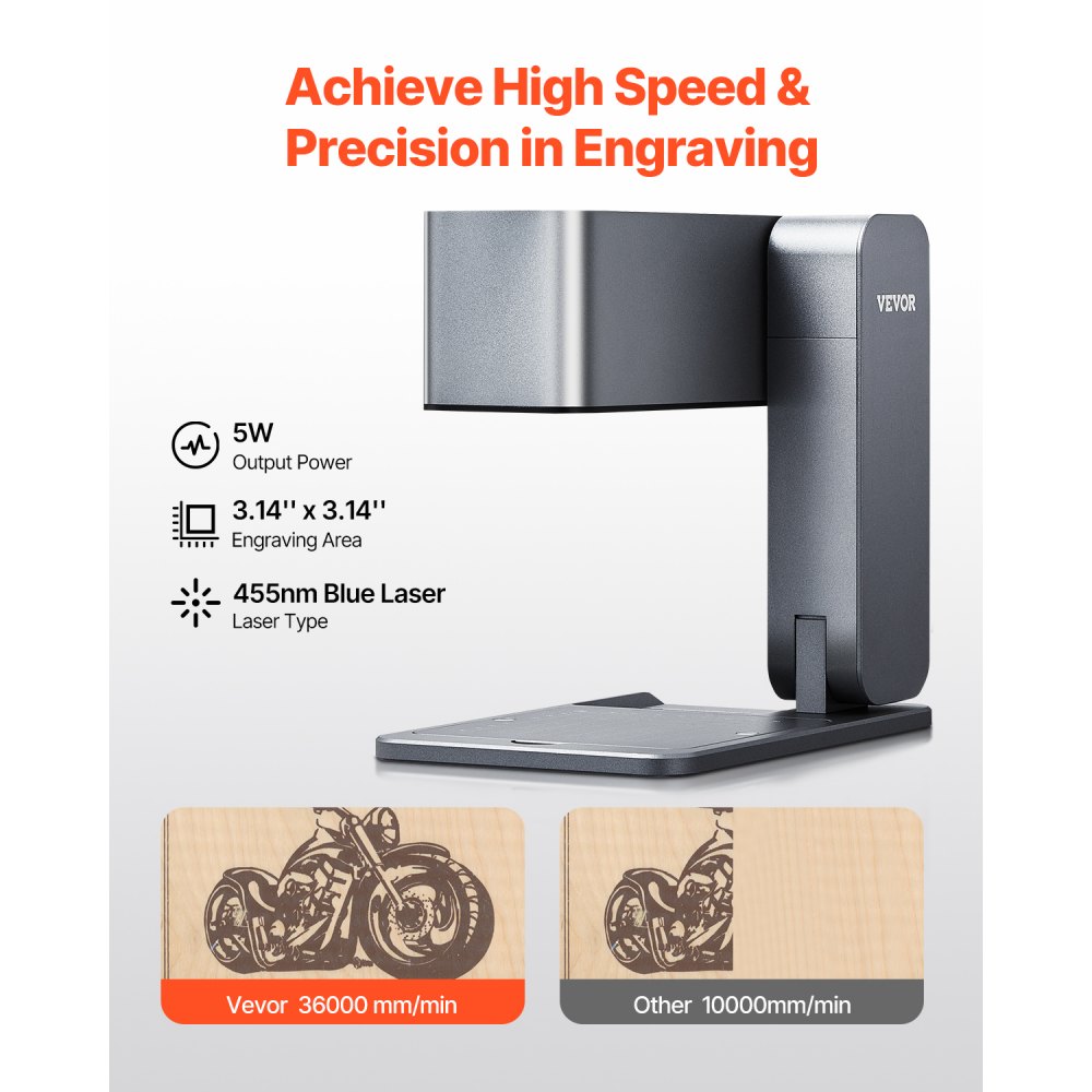 VEVOR Portable Laser Engraver, 600 mm/s High Speed, 5W Handheld Engraving Machine, DIY Laser Engraver and Cutter Basic Set, for Mental, Single Blue Laser Wood, Leather, Arylic, Fiber, Jewelry, Glass