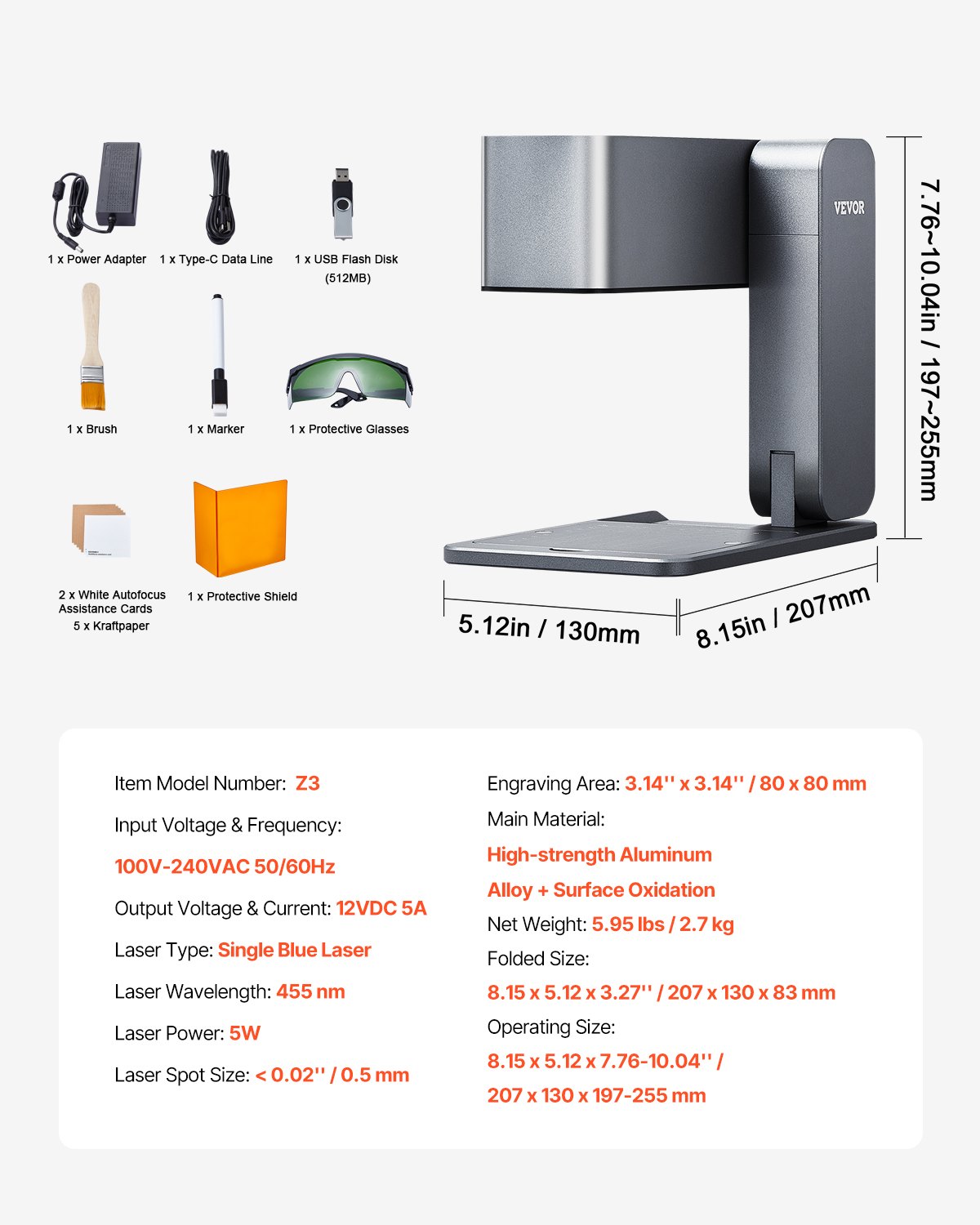 Přenosný laserový rytec VEVOR 600 mm/s 5W vysokorychlostní ruční gravírovací stroj 3,14'' X 3,14'' gravírovací plocha kompatibilní se systémem Android, Ios a Windows pro kov Single Blue Laser Wood Kožené šperky z akrylových vláken