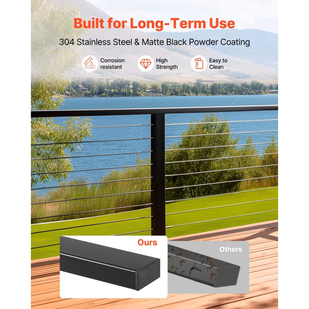 VEVOR 4 Pack 198 cm Stainless Steel Handrail, Rectangular Top Stair Deck Hand Rail for Outdoor/Indoor Steps with End Cap,Matte Black Coating Adjustable Metal Stair Rail for Cable Railing Kit