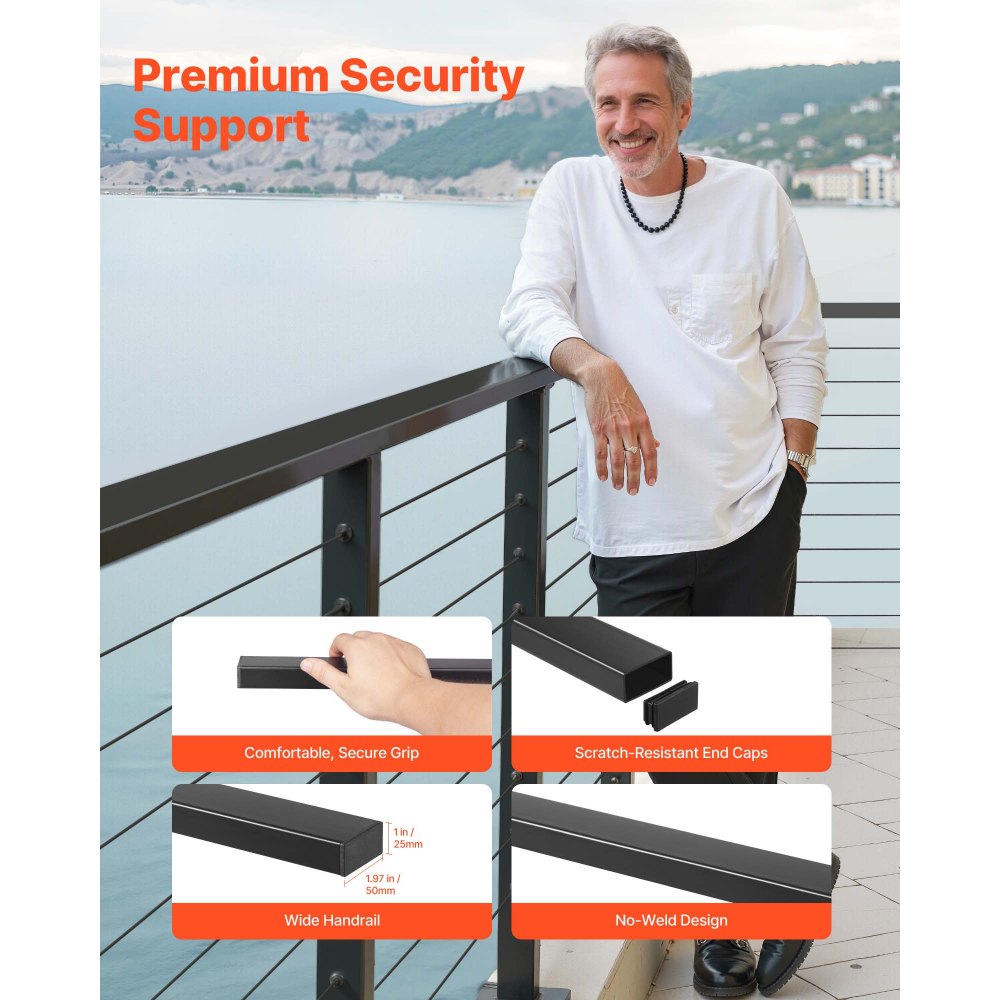 VEVOR 4 Pack 198 cm Stainless Steel Handrail, Rectangular Top Stair Deck Hand Rail for Outdoor/Indoor Steps with End Cap,Matte Black Coating Adjustable Metal Stair Rail for Cable Railing Kit