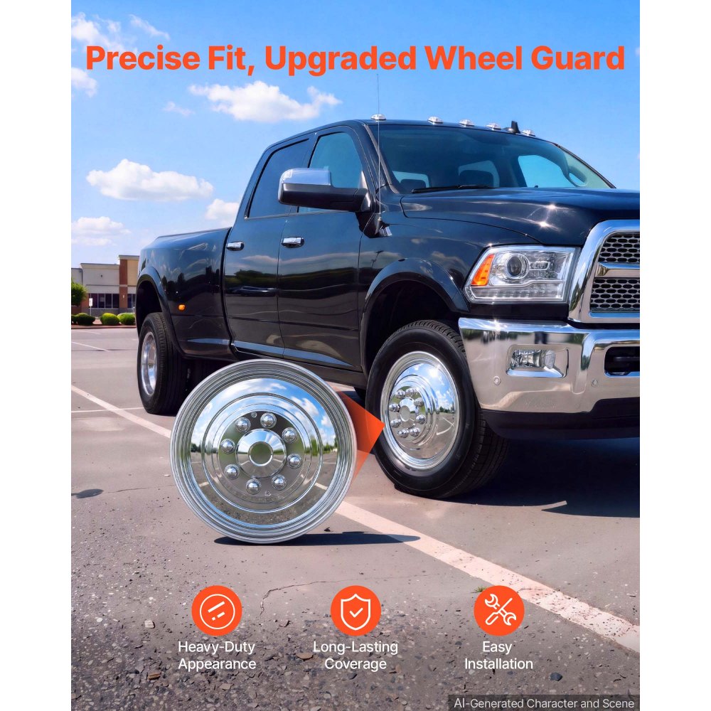 VEVOR 17-Inch Wheel Simulators 8 Lug Stainless Steel Front and Rear Wheel, Fit for 2003-2021 Dodge Ram 3500 Dually Truck Models, 5 Hand Holes, Mirror Polished Finish, Bolt On Hubcaps Covers, 4pcs