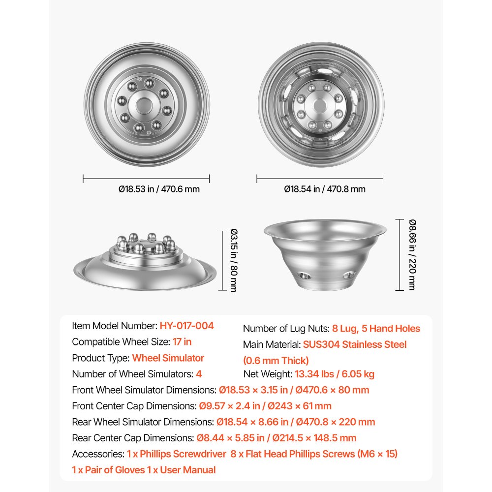VEVOR 17-Inch Wheel Simulators 8 Lug Stainless Steel Front and Rear Wheel, Fit for 2003-2021 Dodge Ram 3500 Dually Truck Models, 5 Hand Holes, Mirror Polished Finish, Bolt On Hubcaps Covers, 4pcs