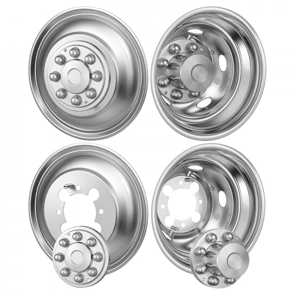 VEVOR 17-Inch Wheel Simulators 8 Lug Stainless Steel Front and Rear Wheel, Fit for 2003-2021 Dodge Ram 3500 Dually Truck Models, 5 Hand Holes, Mirror Polished Finish, Bolt On Hubcaps Covers, 4pcs