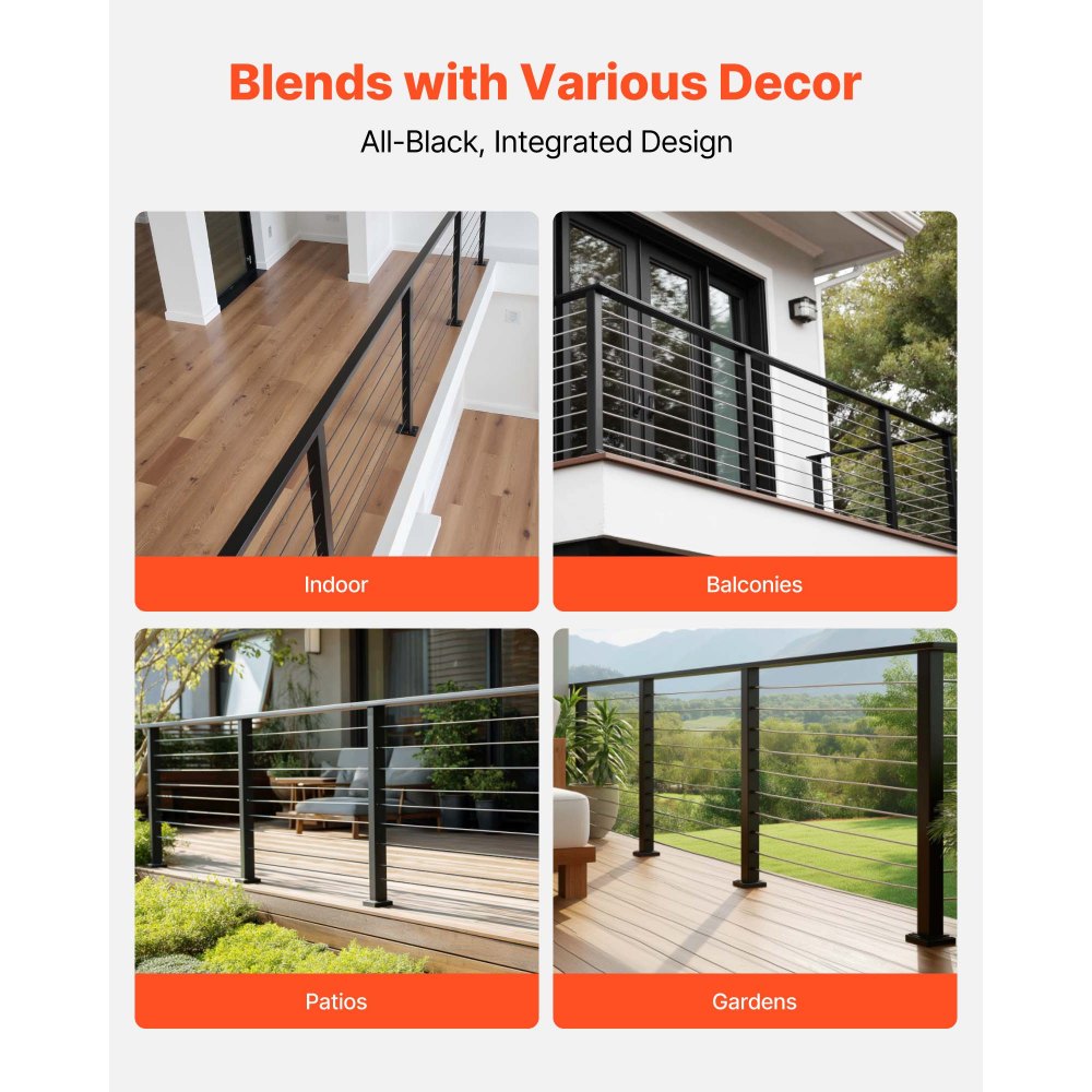 VEVOR 2 Pack Handrail Connectors, Flat Extension Stair Railing Accessories, POM Hand Rail Connector Fittings for Rectangular Cable Railing, Deck Cable Rail System Outdoor, Matte Black, HT-04