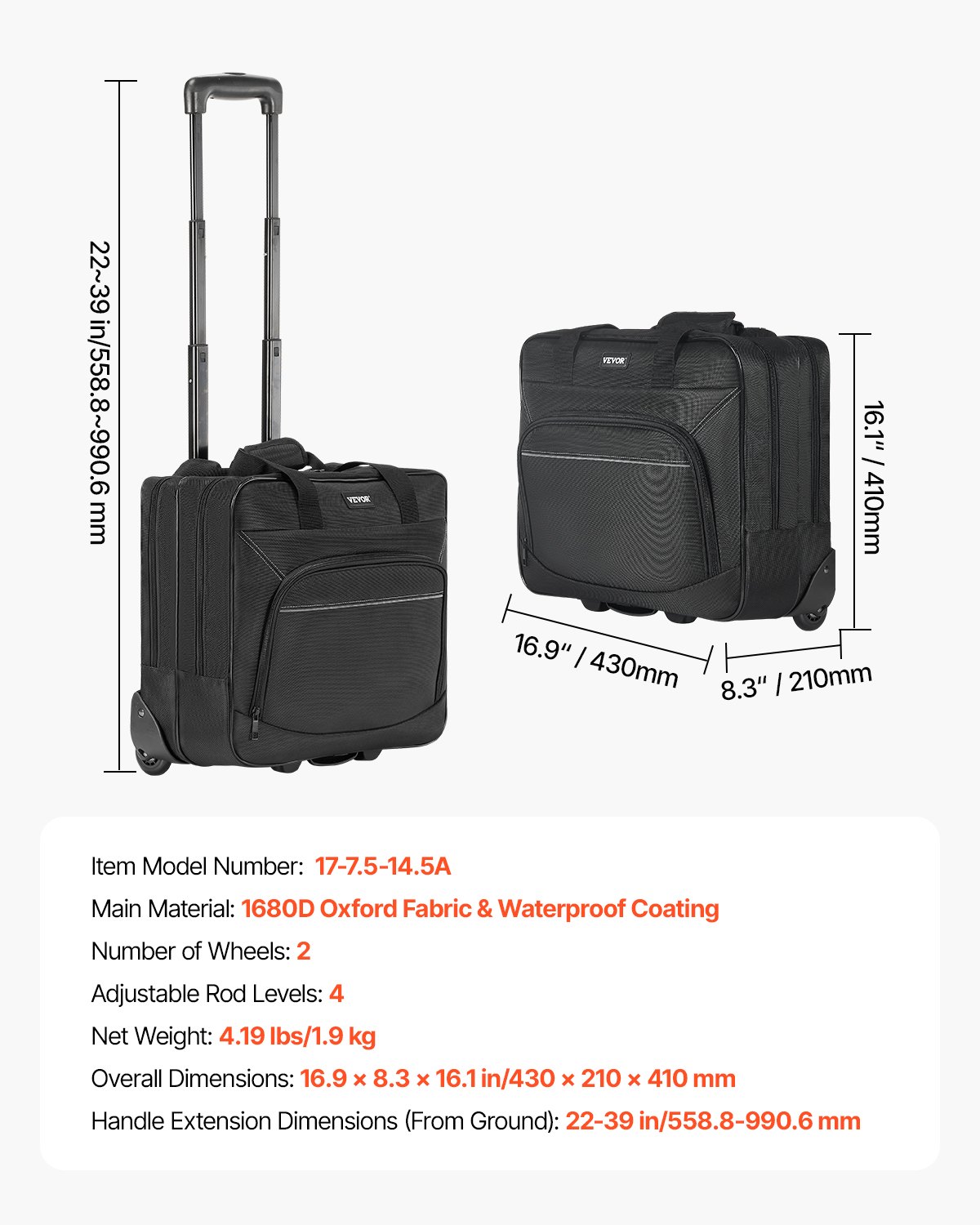 VEVOR Rolling Laptop Bag, Fits Up to 15.6 Inch Laptop, Wheeled Briefcase, Roller Computer Tote Bag with Wheels & Telescoping Handle, Laptop Case for Work Travel Business Office, Women & Men (Black)