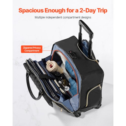 Rolling Laptop Bag For Women - 17.3 Inch, TSA Friendly, Anti-Theft Lock, Wheels & Telescopic Handle, Black