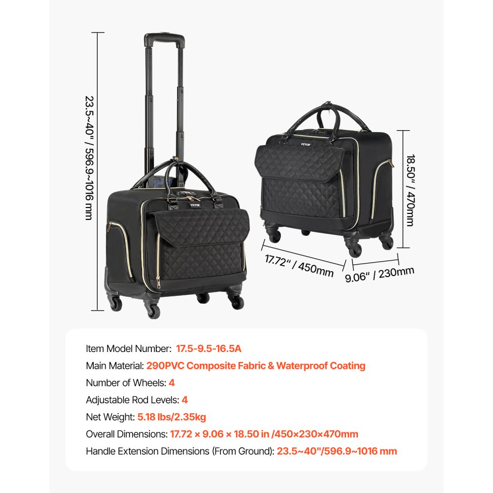 VEVOR Rolling Laptop Bag 17,3 inch / 43,9 cm Wheeled Computer Bag for Women Men Black Gold