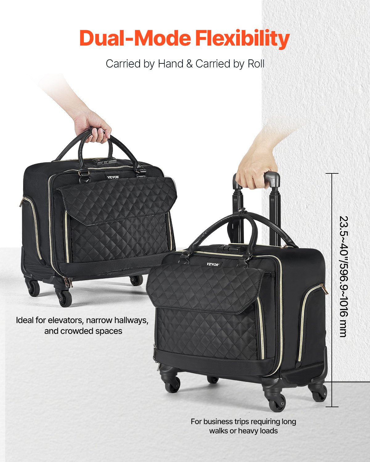 VEVOR Rolling Laptop Bag 17,3 inch / 43,9 cm Wheeled Computer Bag for Women Men Black Gold
