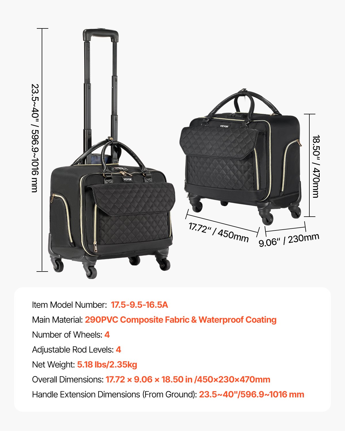 VEVOR Rolling Laptop Bag 17,3 inch / 43,9 cm Wheeled Computer Bag for Women Men Black Gold