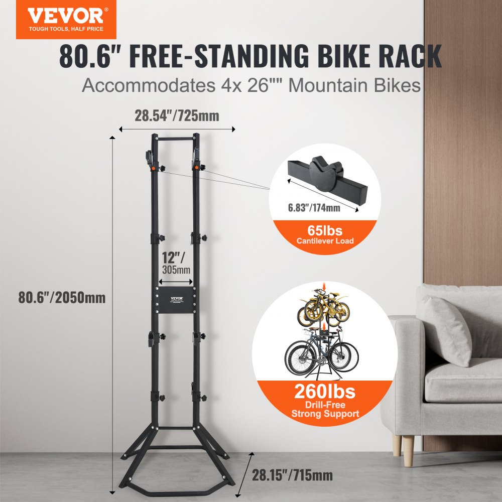 VEVOR 4 Bike Storage Rack, Free Standing Gravity Wall Vertical Bike Rack, Fully Adjustable Bike Rack Garage, Sturdy Steel & Easy Assemble, for