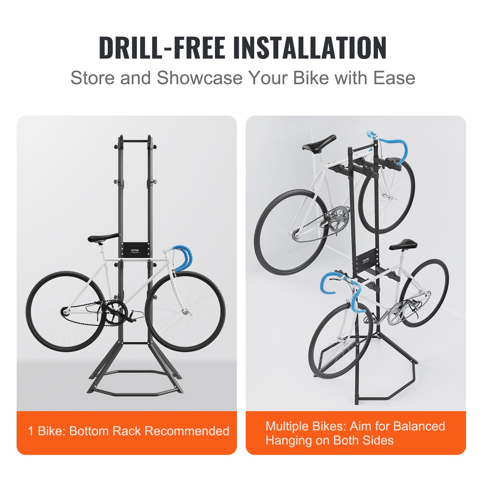 VEVOR 4 Bike Storage Rack, Free Standing Gravity Wall Vertical Bike Rack, Fully Adjustable Bike Rack Garage, Sturdy Steel & Easy Assemble, for Garage, Living Room, Shed, Holds Up to 260 lbs Black