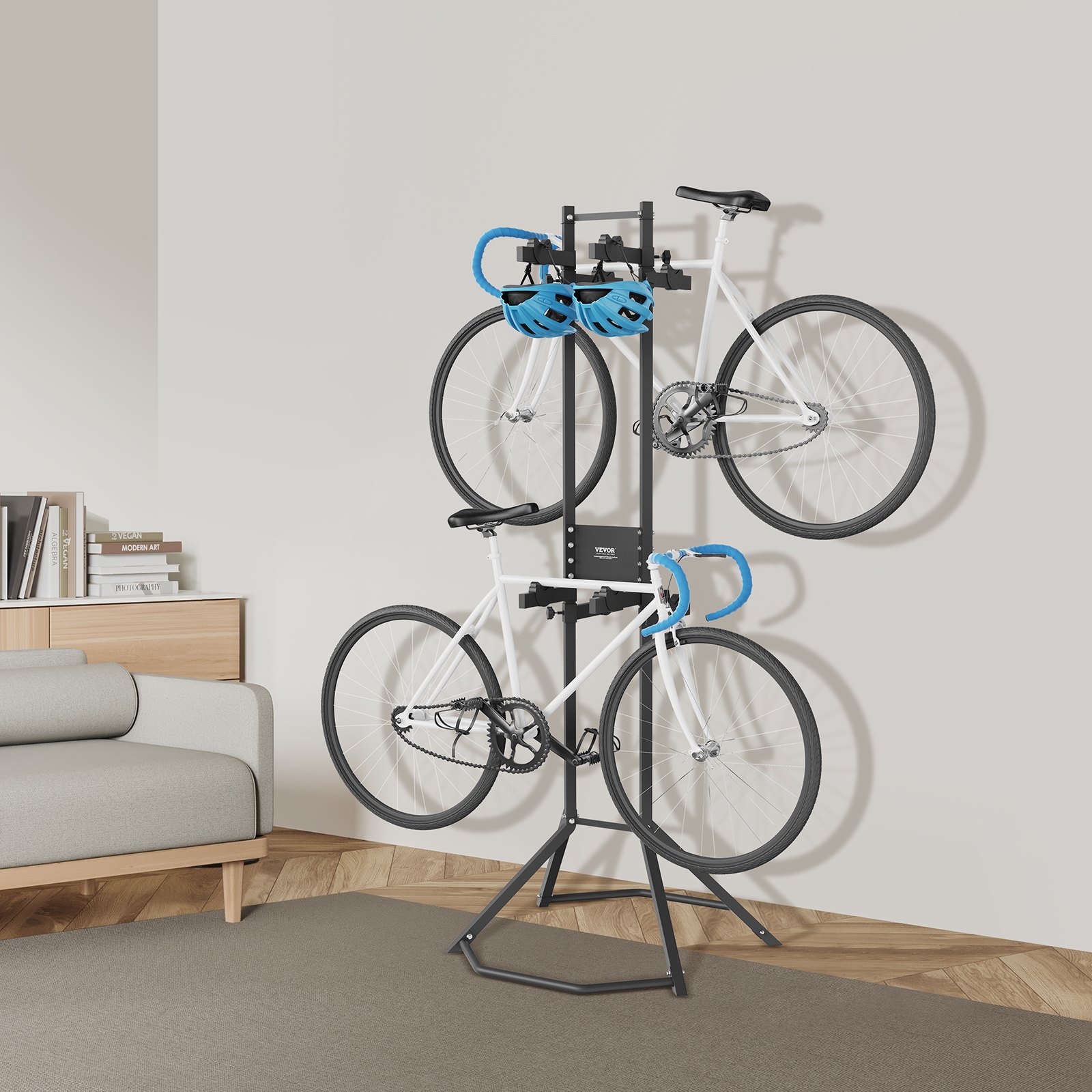 VEVOR 4 Bike Storage Rack, Free Standing Gravity Wall Vertical Bike Rack, Fully Adjustable Bike Rack Garage, Sturdy Steel & Easy Assemble, for Garage, Living Room, Shed, Holds Up to 260 lbs Black