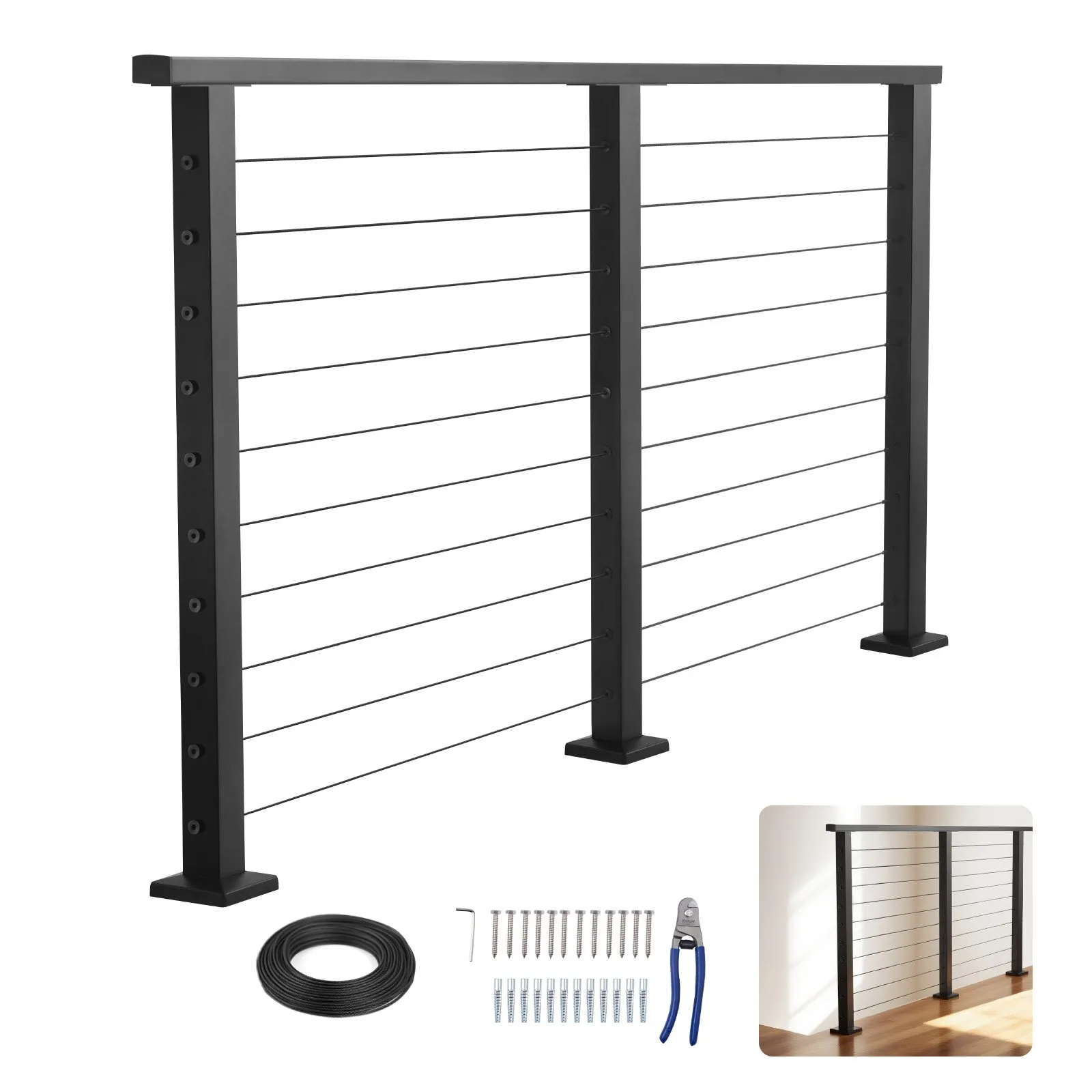 VEVOR 6.5 ft Complete Cable Railing Kit with Post, 36 inch Tall Matte Black Stainless Steel Handrail Cuttable for Outdoor/Indoor Steps, Level Hole Drilled Railing Posts System for Stairs,Deck,Balcony