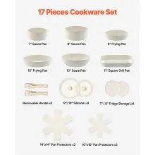 17 Piece Pots and Pans Set Granite Nonstick Kitchen Cookware Induction White
