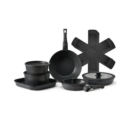 17 Piece Pots and Pans Set Granite Nonstick Kitchen Cookware Induction Black