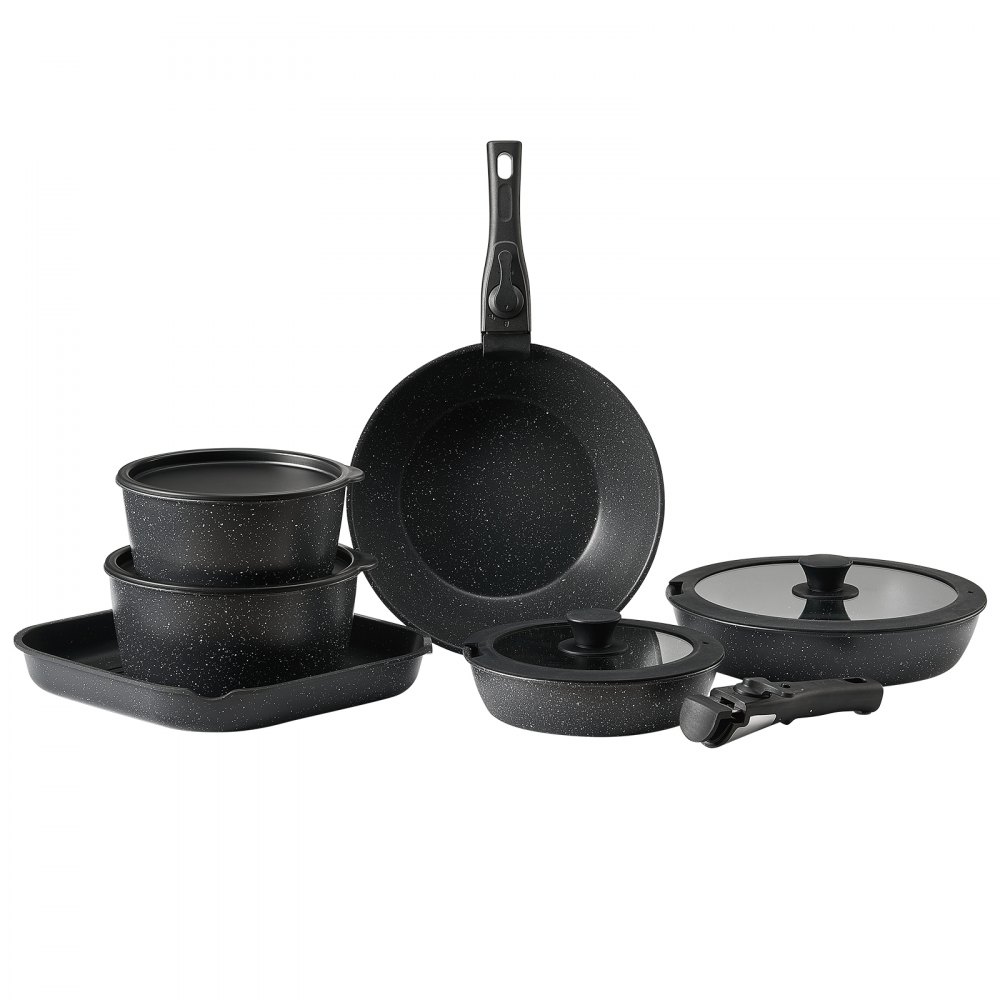 VEVOR 17 Piece Pots and Pans Set, Granite Nonstick Detachable Handle Cookware, Space Saving Induction Cookwares, Kitchen RV Cooking Sets with Frying, Sauce, Saute, Tempered Glass Lid, Oven Safe, Black
