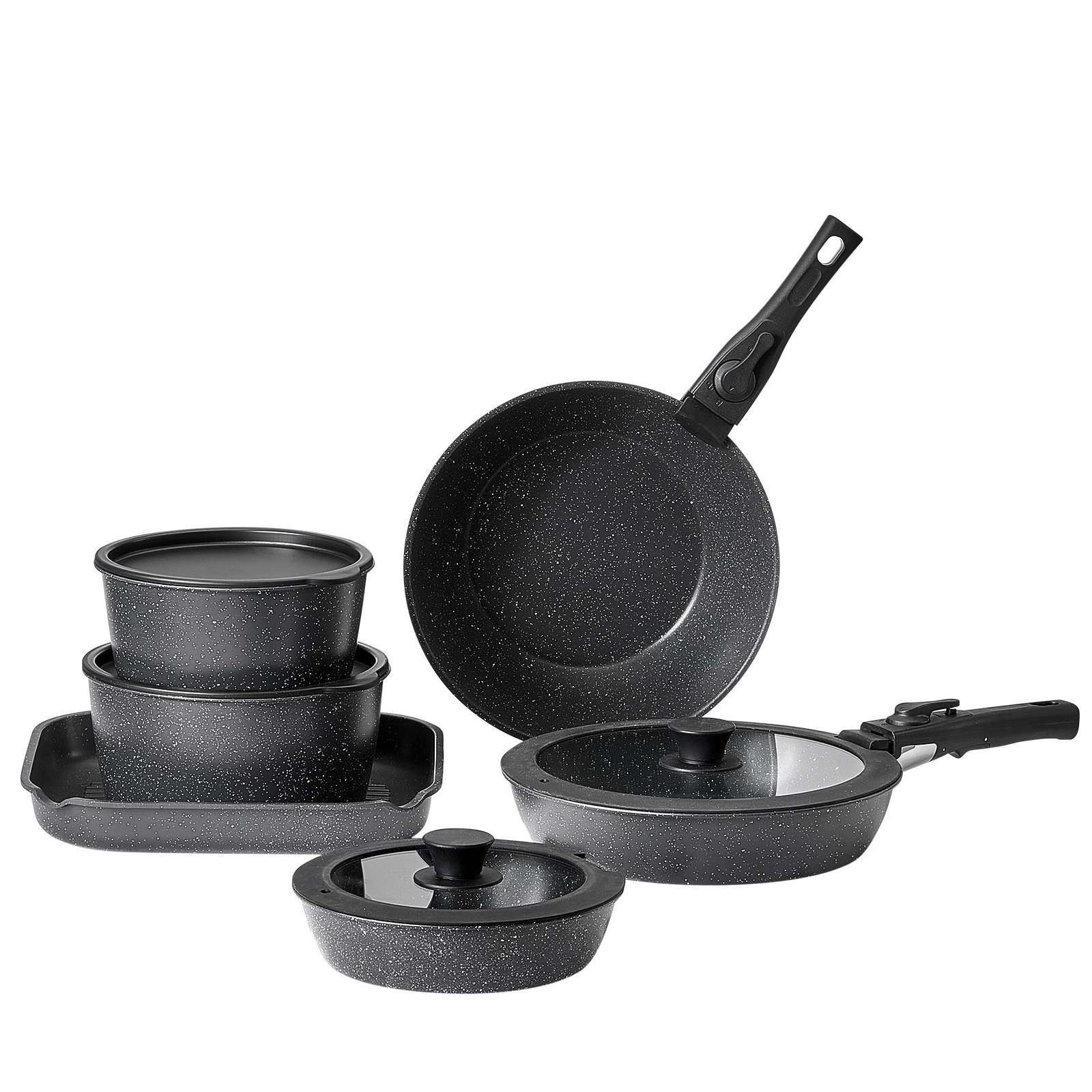 VEVOR 17 Piece Pots and Pans Set, Granite Nonstick Detachable Handle Cookware, Space Saving Induction Cookwares, Kitchen RV Cooking Sets with Frying, Sauce, Saute, Tempered Glass Lid, Oven Safe, Black