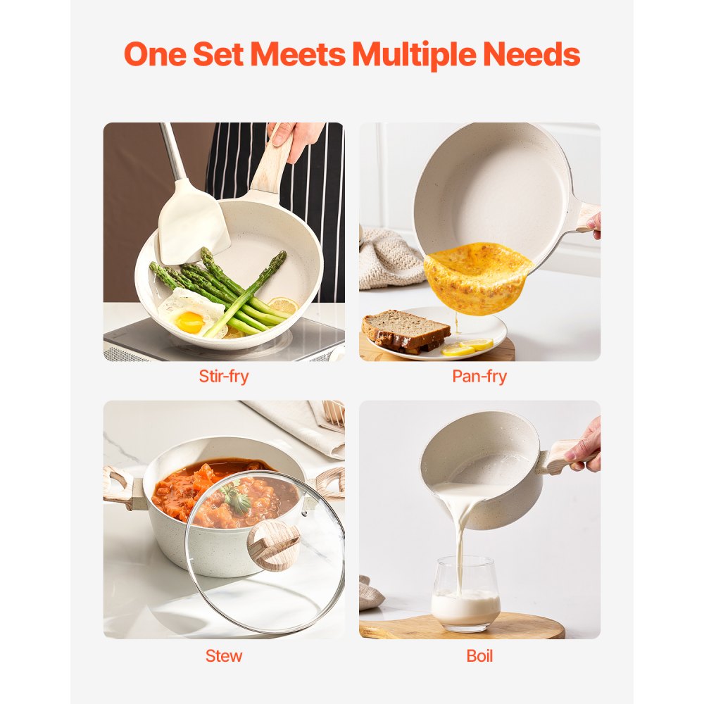 VEVOR 19 Piece Pots and Pans Set Nonstick, Granite Cookware Set, Induction Cookwares, Kitchen RV Cooking Sets with Frying, Sauce, Saute, Tempered Glass Lids, and Pan Protectors, White