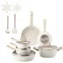 Conjunto de panelas e frigideiras VEVOR com 17 peças, conjunto de panelas antiaderentes de granito, utensílios de cozinha de indução, conjuntos de cozinha para trailers com fritura, molho, refogado, tampas de vidro temperado e protetores de panela, branco