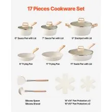 17 Piece Pots and Pans Set Granite Nonstick Kitchen Cookware Induction White