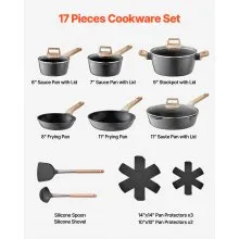 17 Piece Pots and Pans Set Granite Nonstick Kitchen Cookware Induction Black