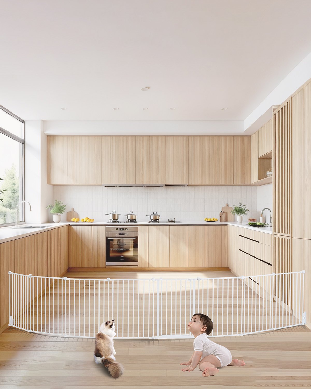 VEVOR Baby Gate, 192 Inches Extra Wide, 28 Inches High 8-Panel Foldable Dog Gate, for Child Pet Security, One-Hand Open, Install Between Two Walls or As a Fence, for Stairs and Doorways, White