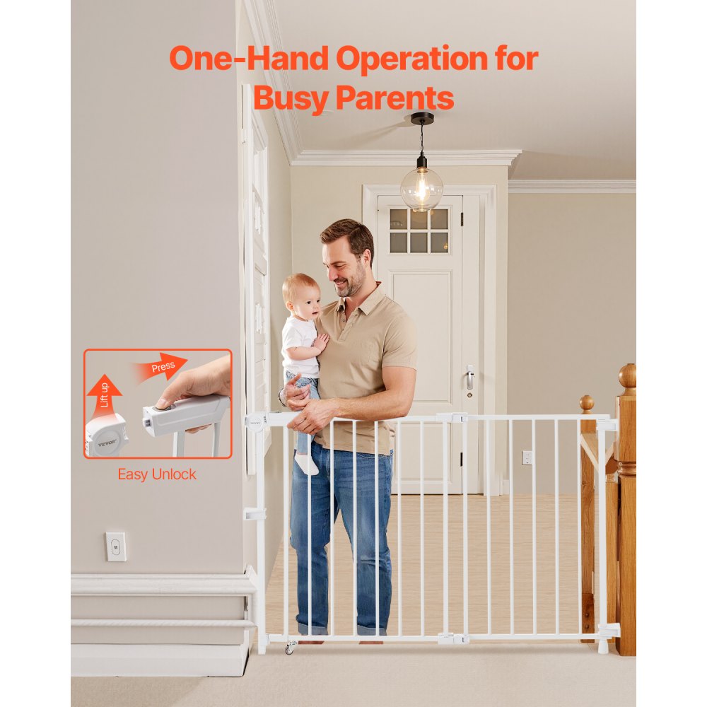 VEVOR Baby Gate, 29.5-43 Inches Adjustable Width, 28 Inches High Dog Gate, No Threshold Bar, Easy Step Walk Thru, for Child Pet Security, with Screws, One-Hand Open, for Stairs and Doorways, White