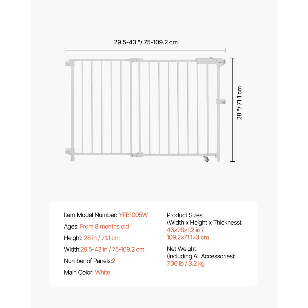 VEVOR Baby Gate, 29.5-43 Inches Adjustable Width, 28 Inches High Dog Gate, No Threshold Bar, Easy Step Walk Thru, for Child Pet Security, with Screws, One-Hand Open, for Stairs and Doorways, White