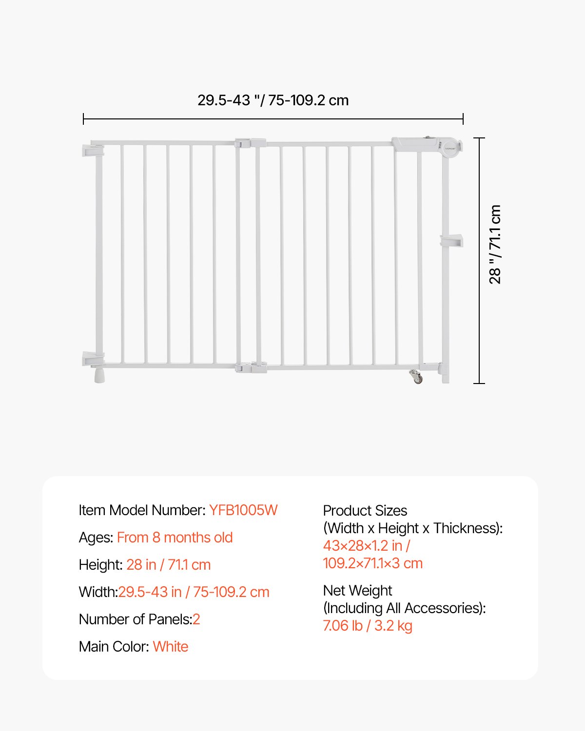 VEVOR Baby Gate, 29.5-43 Inches Adjustable Width, 28 Inches High Dog Gate, No Threshold Bar, Easy Step Walk Thru, for Child Pet Security, with Screws, One-Hand Open, for Stairs and Doorways, White