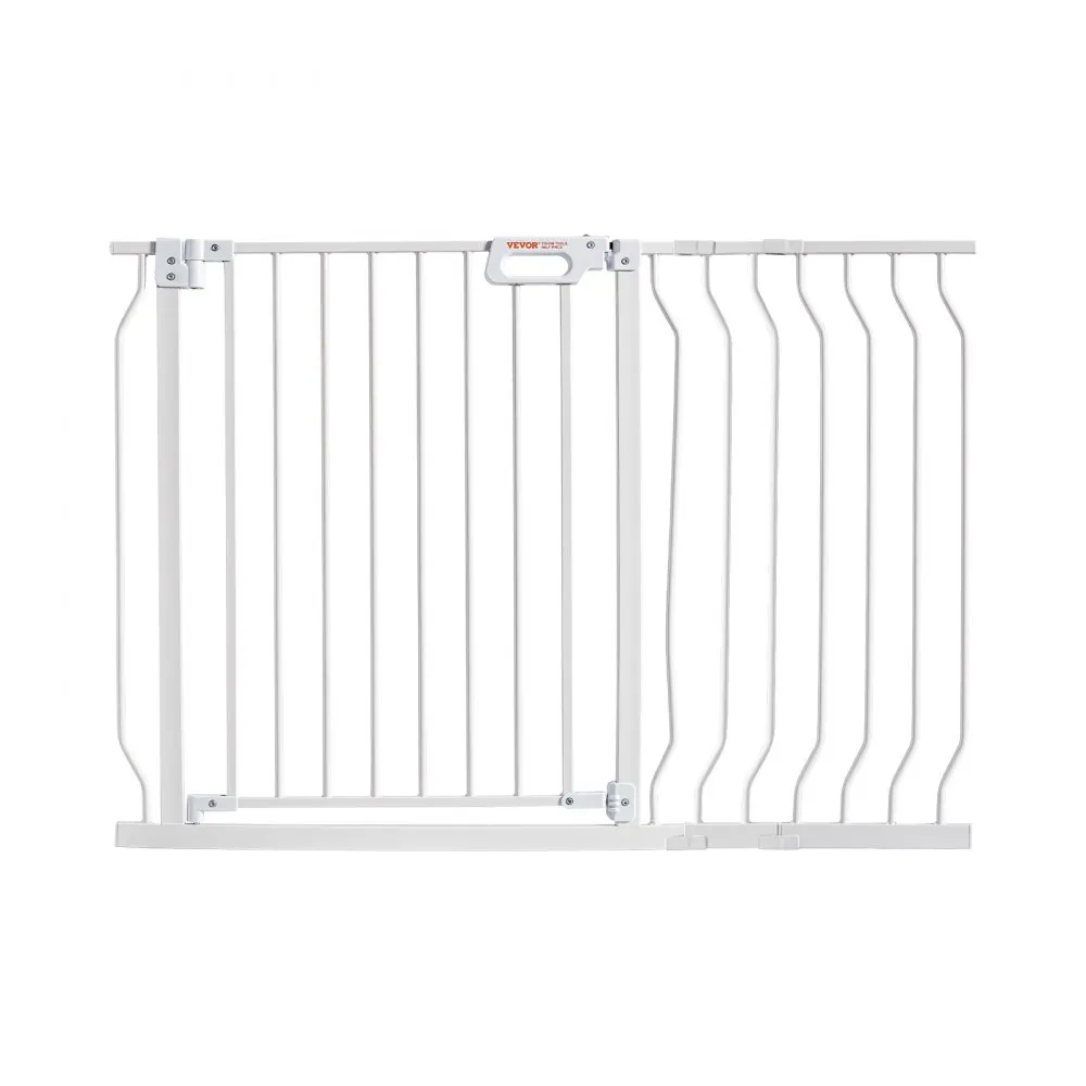 white VEVOR baby gate with adjustable width and secure locking mechanism for child safety.