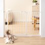 VEVOR baby gate with wall-mounted design, hardware, and installation guide included.