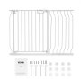VEVOR baby gate with mounting hardware and instructions, showcasing a secure, white metal gate.